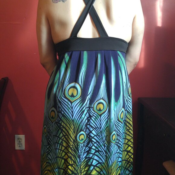 Peacock Print Spaghetti Strapped Women's Backless Summer Dress - Picture 2 of 2